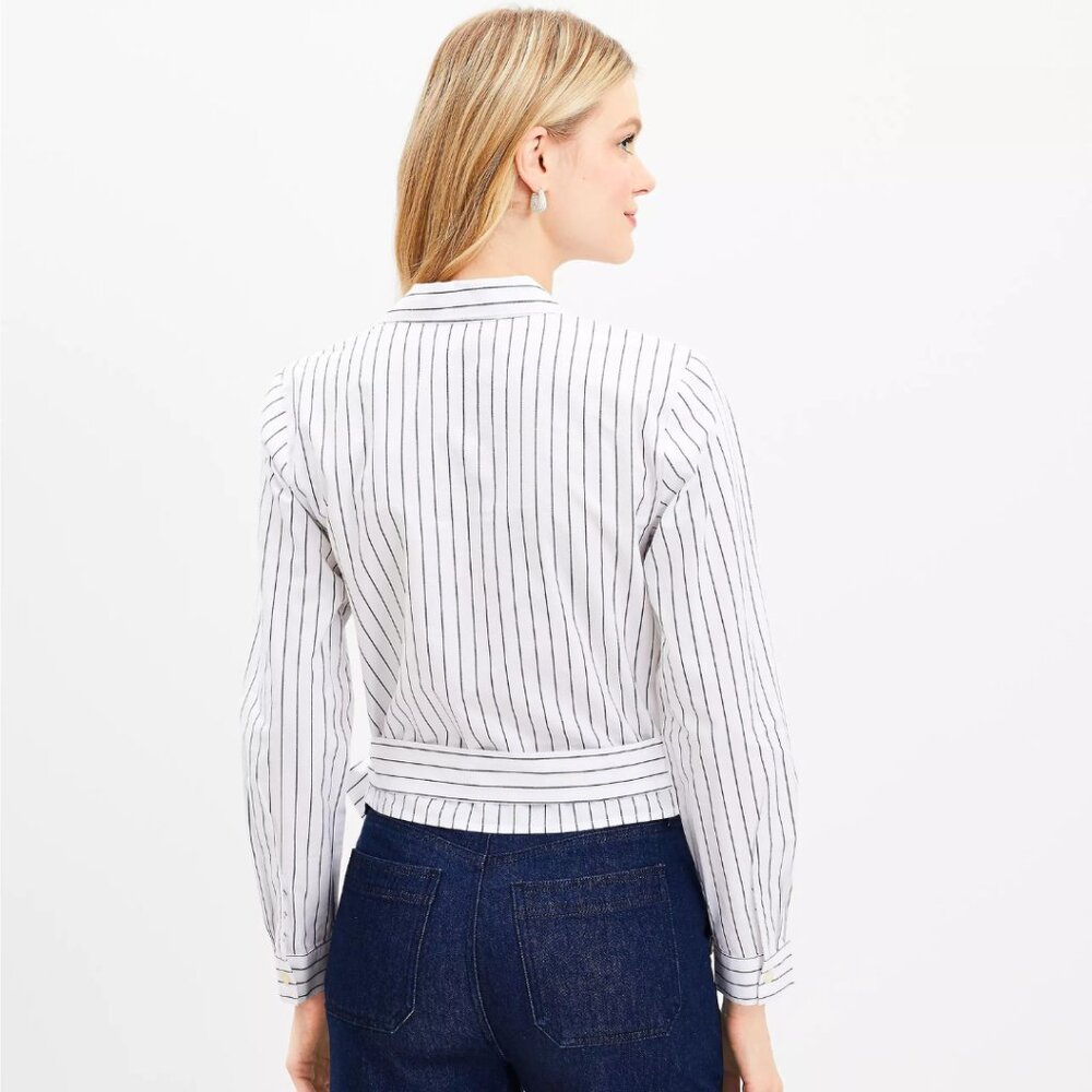 Ann Taylor Loft Striped Cotton Blend Side Wrap Blouse | NWT | XS | White Black - Picture 2 of 7